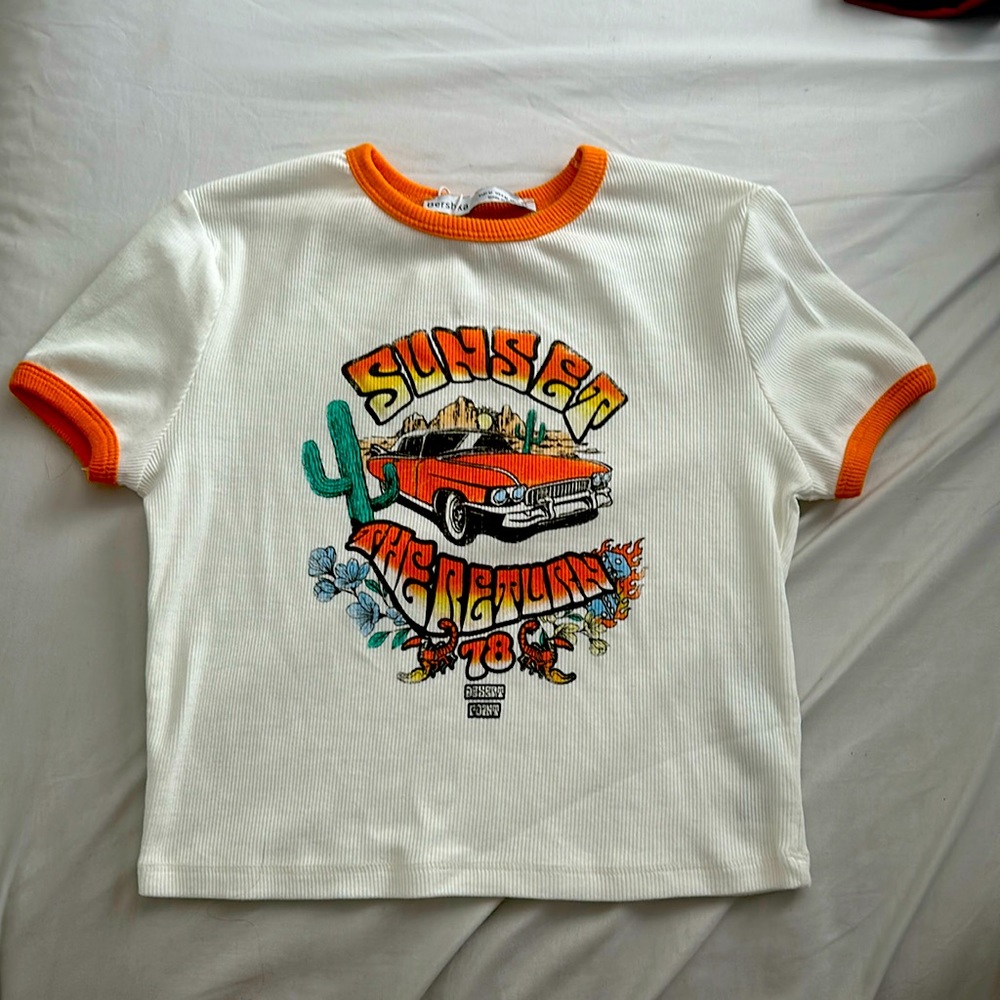 Medium Size, White and Orange Crop Top